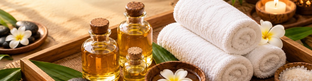 Massage oils, rolled white towels and candles arranged on a wooden tray for a spa treatment